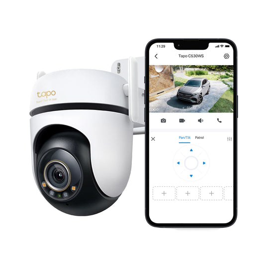 Tapo C530WS 360° Aussen-Überwachungskamera 3K 5MP Starlight. Weisse, runde Kamera zur 360°-Überwachung von Aussenbereichen.