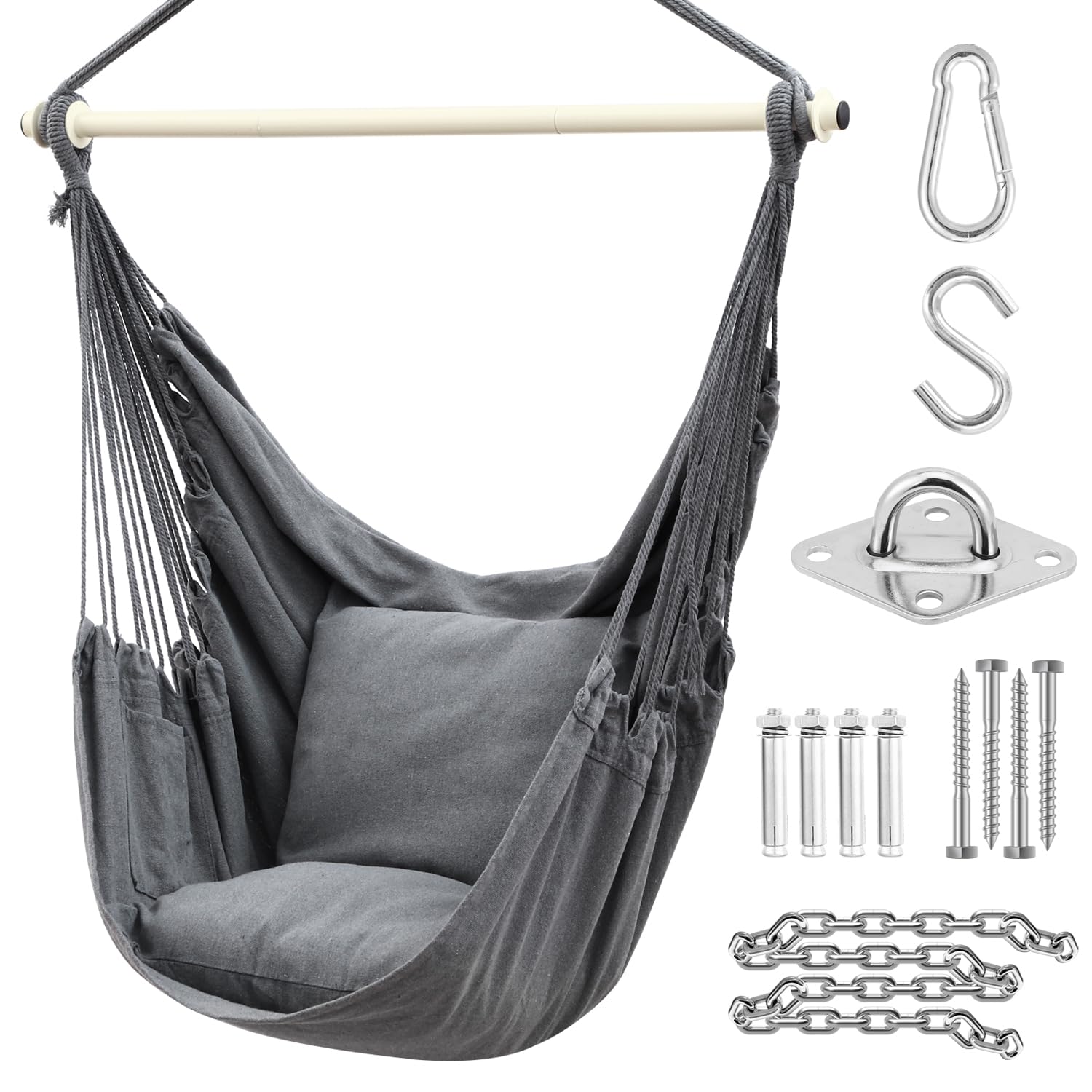 Ohuhu Hängesessel XL mit 2 Kissen, bis 150 kg, Anthrazit, Textilsitz mit Eisen-Hängestange