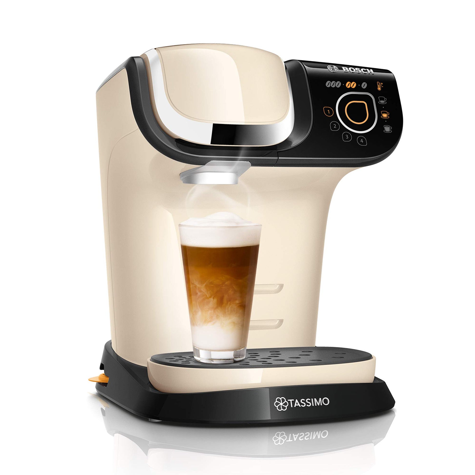 Tassimo My Way 2 TAS6507 Kapselmaschine - Creme. Kompaktes creme-farbenes Gerät brüht Kaffee und Heißgetränke per Kapselsystem.