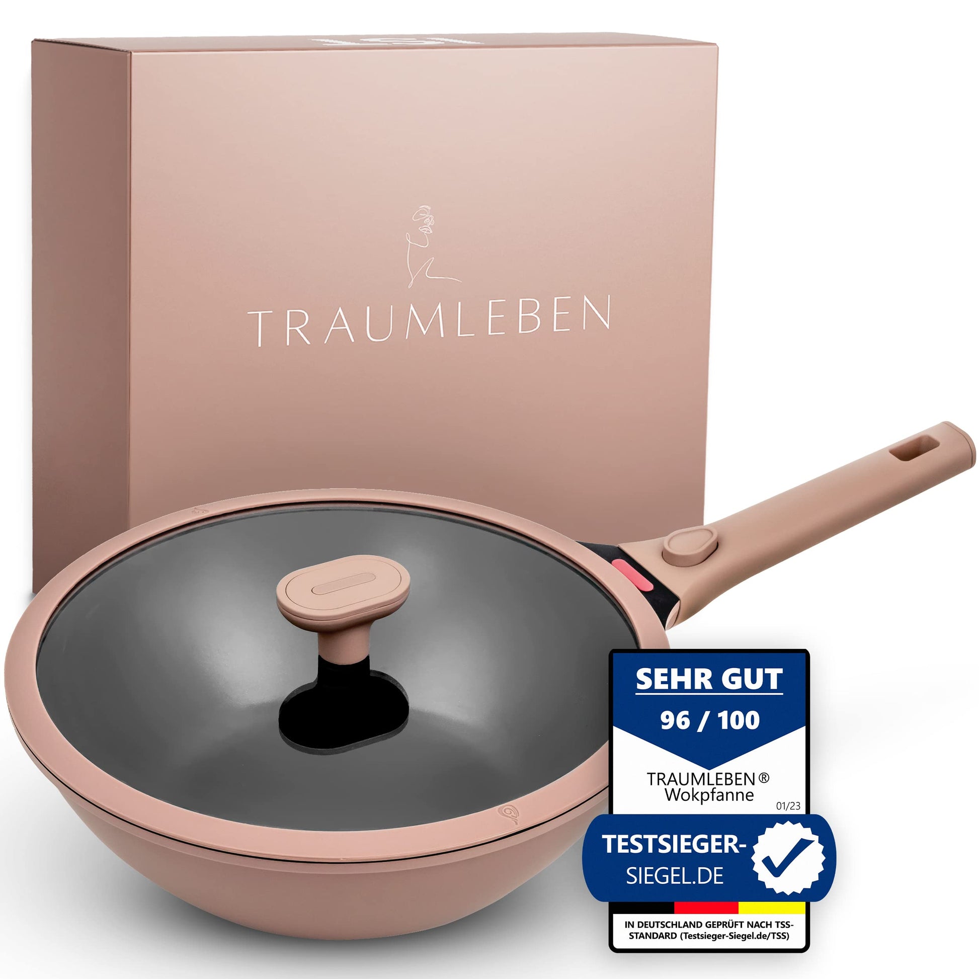 TRAUMLEBEN Wokpfanne mit Deckel – 28cm, abnehmbare Griffe, Induktion. Schwarze, tiefe Wokpfanne. Ideal zum Braten auf Induktionsherden.