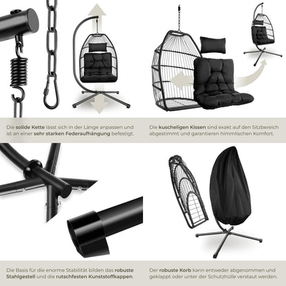 tectake® Hängesessel mit Gestell Indoor/Outdoor – Schwarz