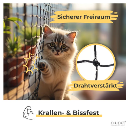 PiuPet Katzennetz drahtverstärkt 8x3m schwarz inkl. Befestigungsset