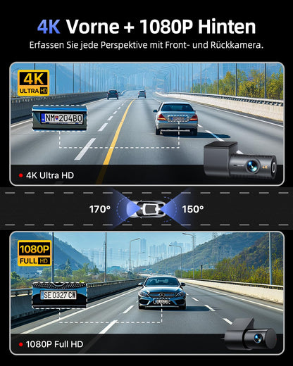 Cievie D100 Dashcam Auto, 4K + 1080P vorne/hinten, WLAN, Nachtsicht