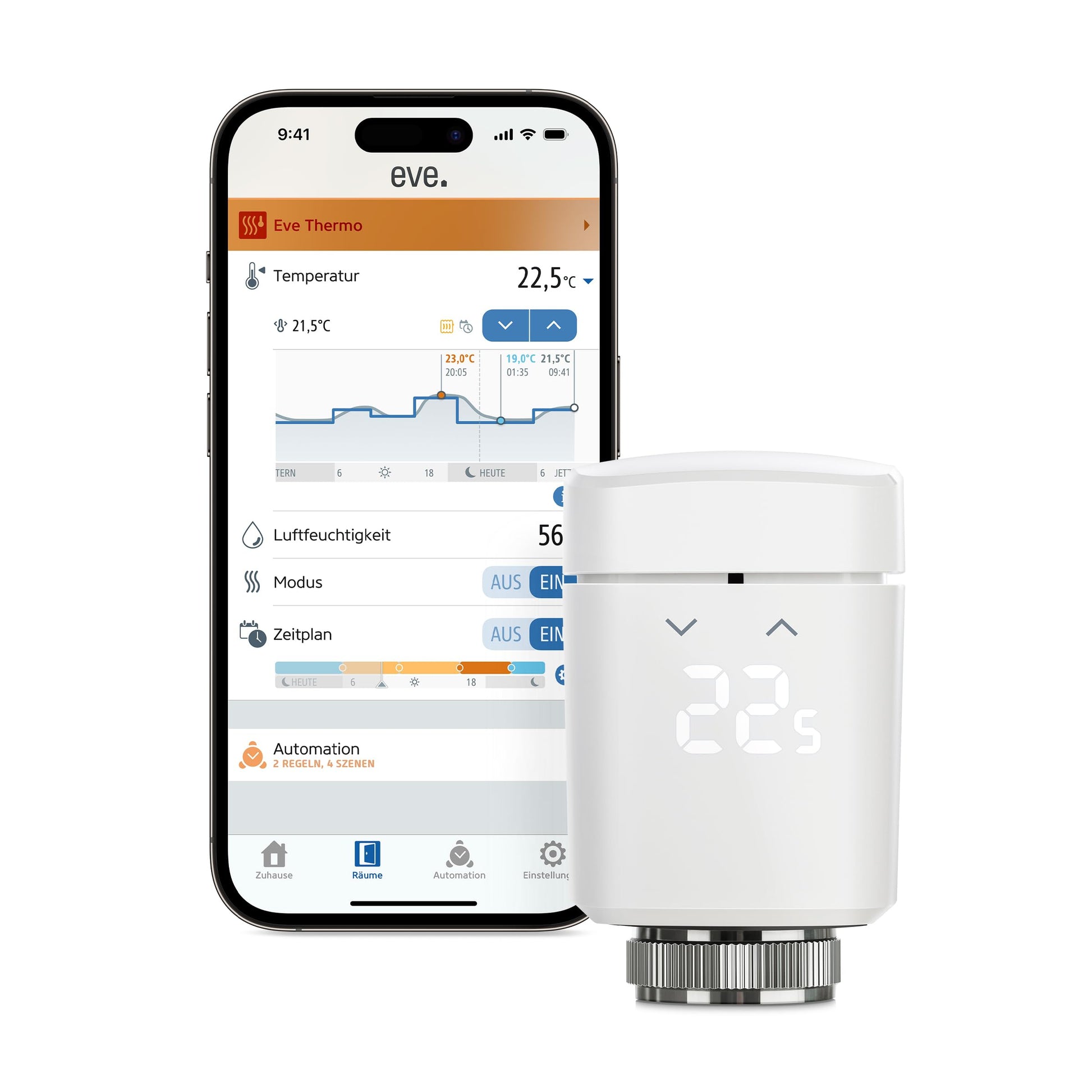 Eve Thermo smartes Heizkörperthermostat - Matter. Kompaktes, weißes Thermostatgehäuse zur smarten Temperaturregelung am Heizkörper.