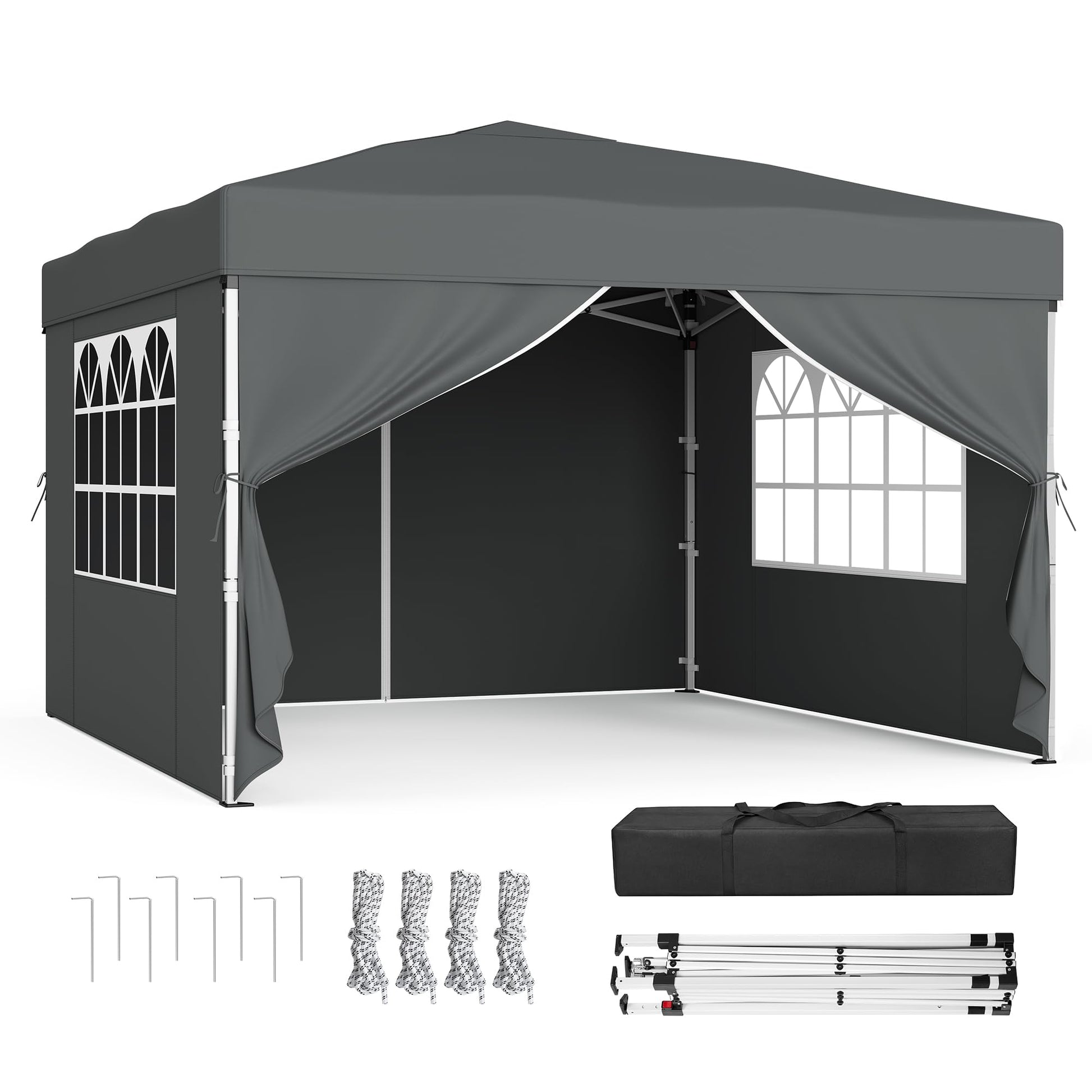 SONGMICS Faltpavillon 3 x 3 m mit Seitenwänden, dunkelgrau, Stahlrahmen und Zierfenster