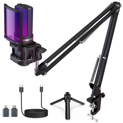 zealsound A68S USB-Gaming-Mikrofon Set mit Boomarm und Tischstativ, RGB-Beleuchtung