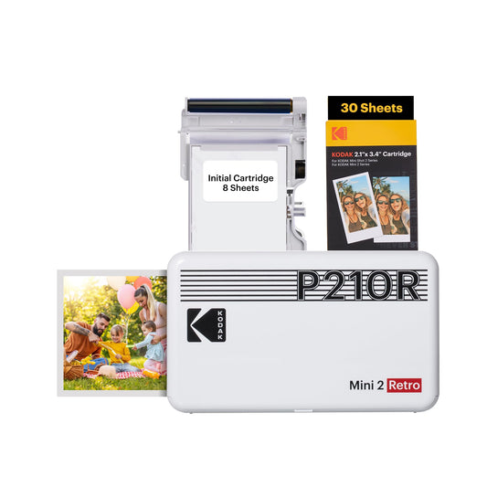 Kodak Mini 2 Retro Mobiler Fotodrucker für Smartphone – Weiss Bundle. Weißes Gehäuse im Retro-Stil. Druckt Fotos kabellos vom Smartphone.