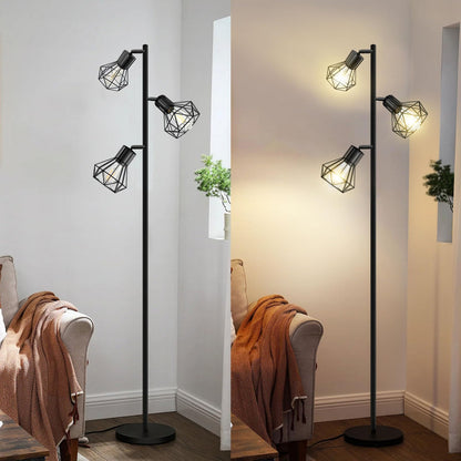 BBHome Industrielle Stehlampe verstellbare Käfigköpfe Schwarz