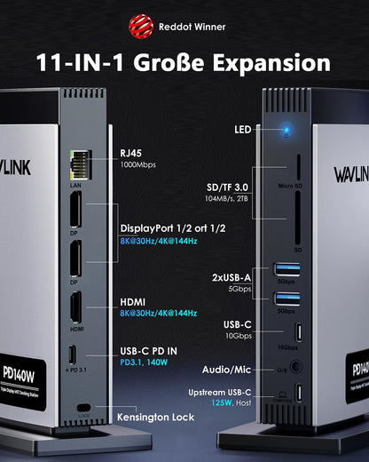 WAVLINK Laptop USB C Dock – Dreifach Display, 125W PD