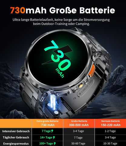 DREMAC FV6 Smartwatch Herren mit 1,85'' HD-Display und Taschenlampe