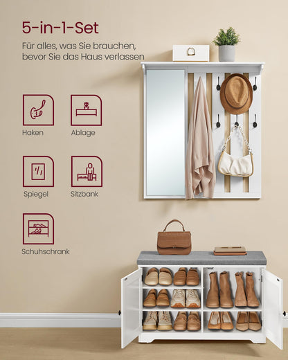 VASAGLE Schuhbank mit Wandgarderobe, Garderoben-Set mit Spiegel, weiss