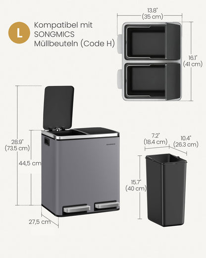SONGMICS Mülleimer Küche 2 x 15 Liter Mülltrennsystem Softclose-Deckel