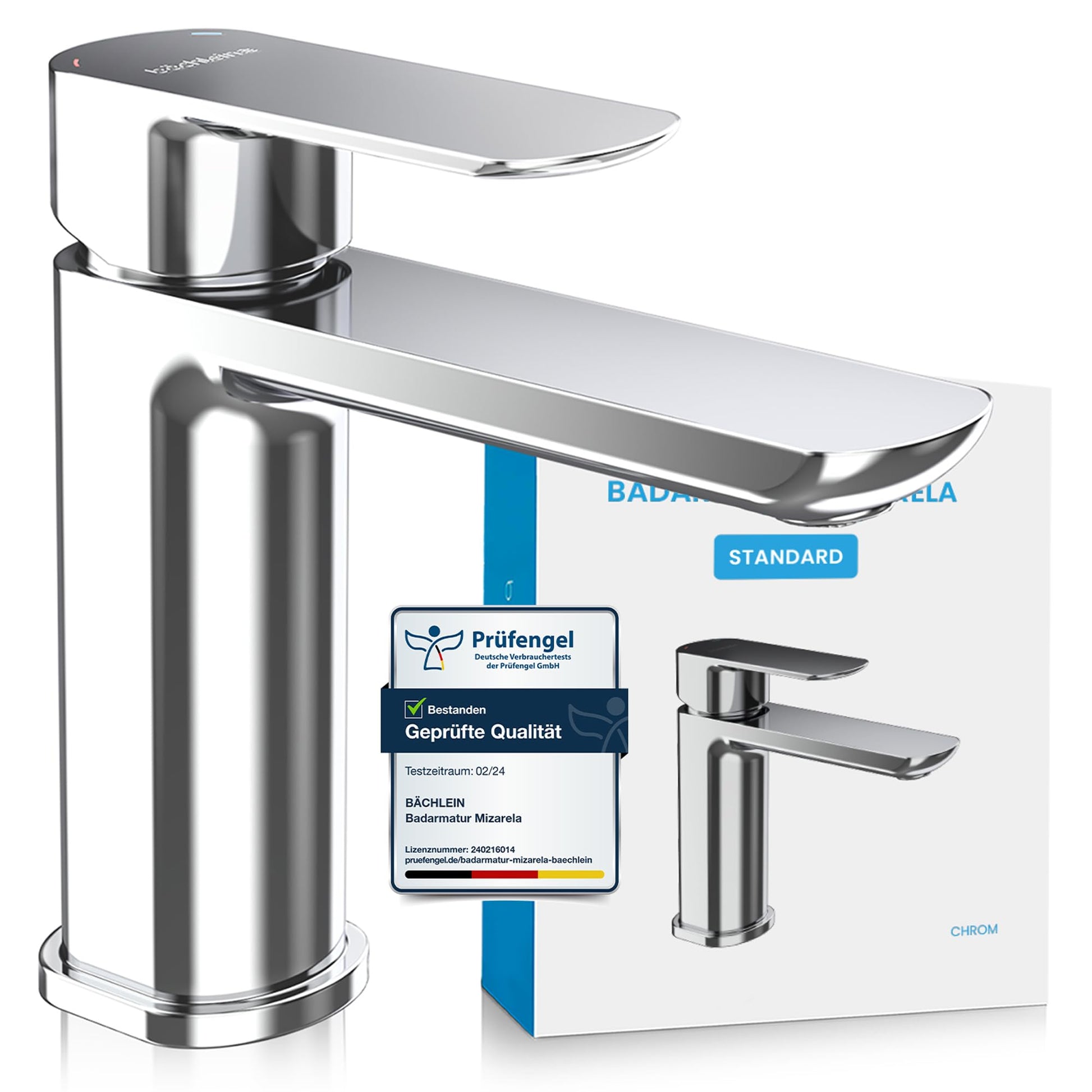 Bächlein Mizarela Bad Einhebelmischer - Chrom, flacher Auslauf. Chromglänzender Einhebelmischer mit flachem Auslauf. Reguliert Wasserfluss und Temperatur im Bad.