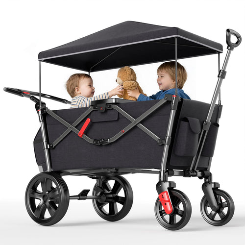 EVER ADVANCED Bollerwagen faltbar für 2 Kinder mit Dach, gefederte PU-Räder und Wickelrucksack
