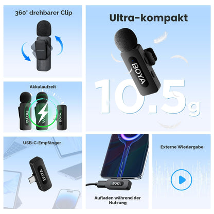 BOYA BY-V20 kabelloses USB-C Ansteckmikrofon mit 2 Sendern