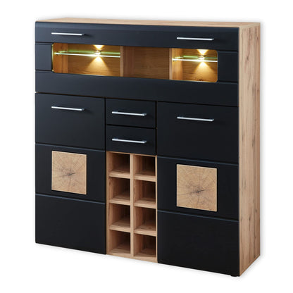 Stella Trading SONATE Barschrank – Eiche Altholz Optik, Schwarz. Zweifarbiger Schrank mit Fächern und Gläserhaltern zur Aufbewahrung von Barzubehör.