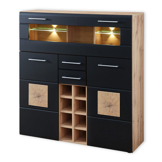 Stella Trading SONATE Barschrank – Eiche Altholz Optik, Schwarz. Zweifarbiger Schrank mit Fächern und Gläserhaltern zur Aufbewahrung von Barzubehör.