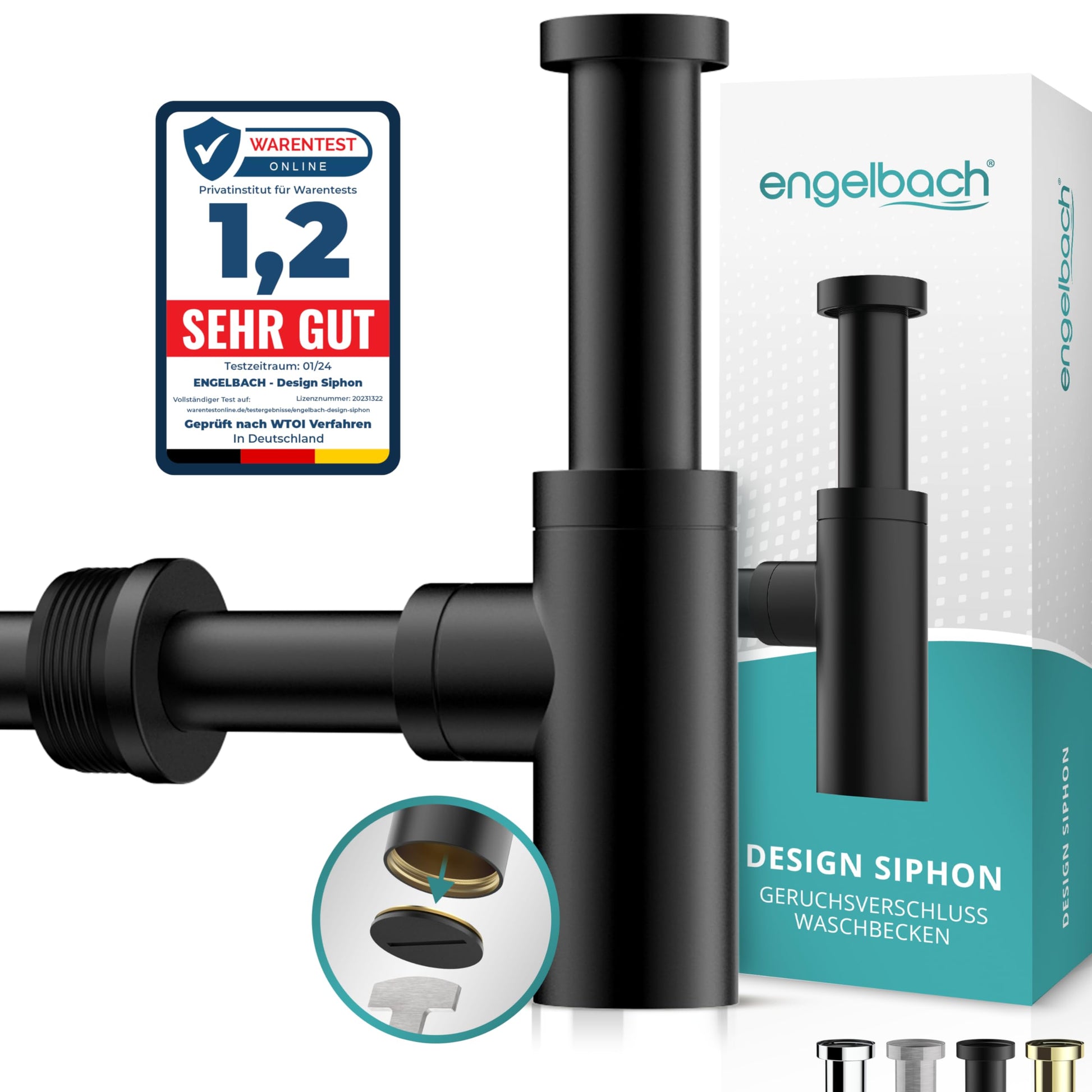 Engelbach Design Siphon Waschbecken Schwarz mit Reinigungsöffnung aus Edelstahl und Messing