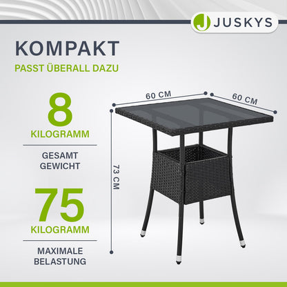 Juskys Gartentisch Yoro Polyrattan mit Glasplatte 60x60 cm schwarz