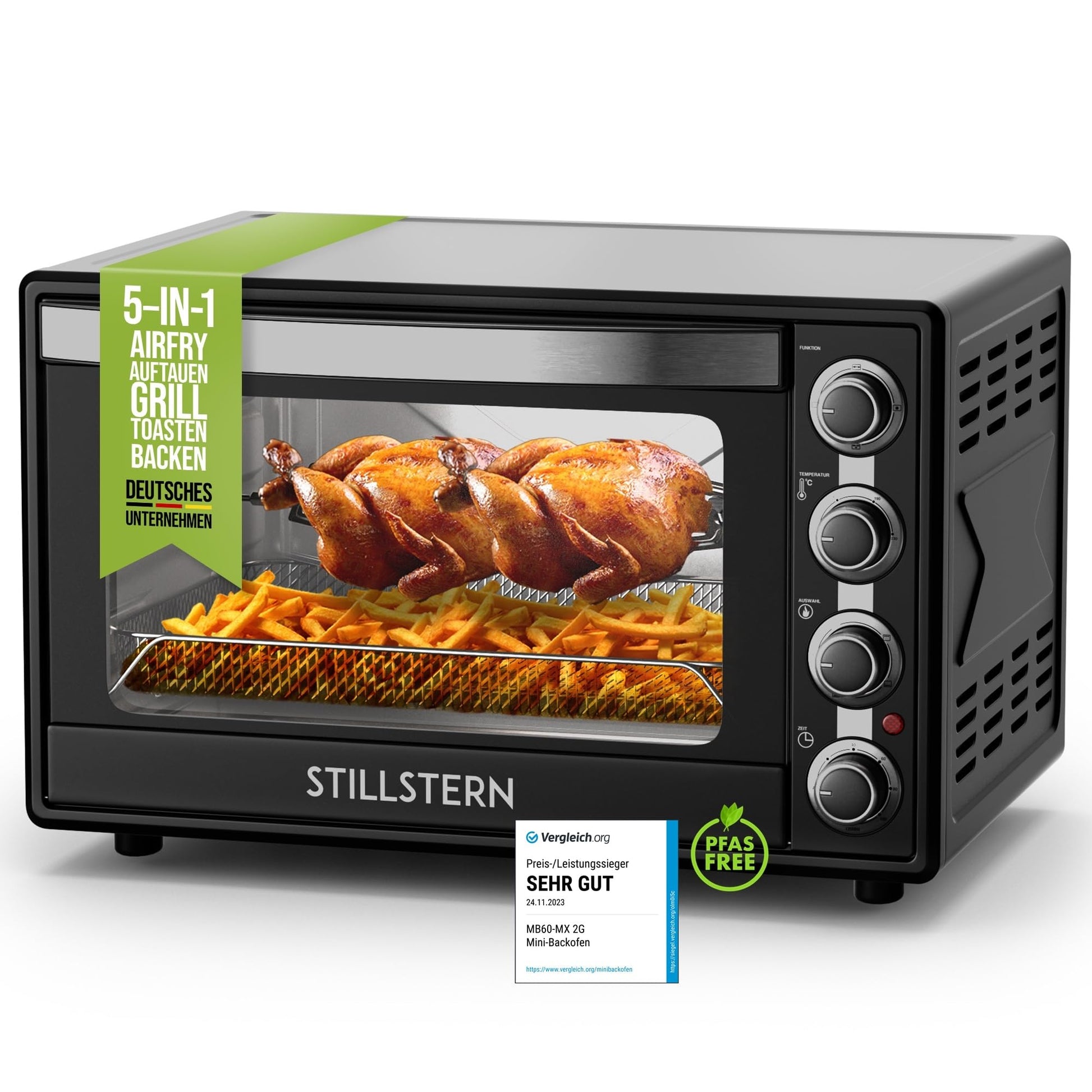 Stillstern CYCLONE PRO+ Minibackofen 60L mit Umluft Airfryer, rechteckig, silber. Backt und heißluftfrittiert Speisen mit Umluft.