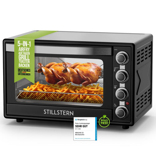 Stillstern CYCLONE PRO+ Minibackofen 60L mit Umluft Airfryer, rechteckig, silber. Backt und heißluftfrittiert Speisen mit Umluft.