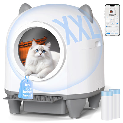 Devoko selbstreinigendes Katzenklo XXL 90 L mit App-Steuerung, rundes Design mit Katzenohren