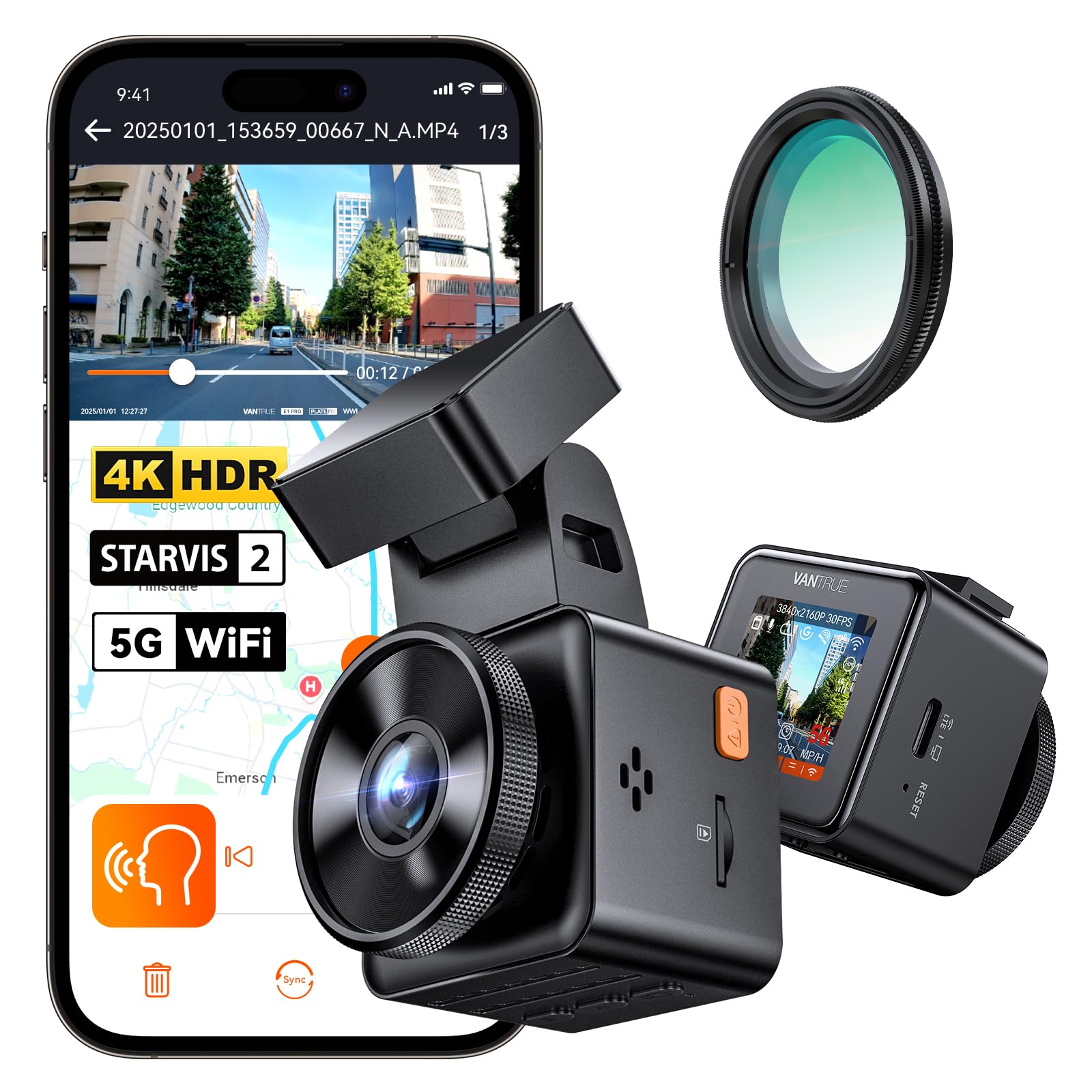 VANTRUE E1 Pro 4K HDR Dashcam mit STARVIS 2, GPS und Sprachsteuerung, Mini-Design mit Display