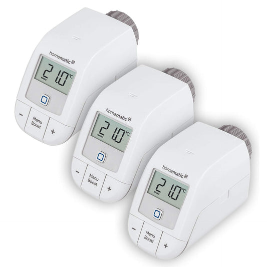 Homematic IP Heizkörperthermostat Smart Home 3er Set Basic – weiße Thermostate mit Display zur smarten Heizkörperregelung.