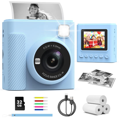 TIATUA Kinderkamera Sofortbildkamera X2 mit 32GB Karte, blau, leichtes Design mit 2,4-Zoll-Display und Sofortdruckfunktion