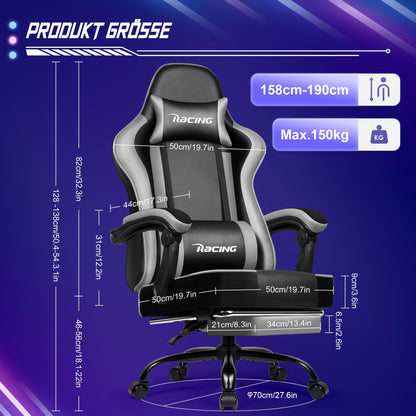 minnouat Gaming Stuhl ergonomisch mit Fussstütze, Kunstleder, Grau