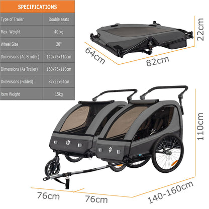 Tiggo VS Kinderanhänger 2in1 Fahrrad Buggy – dunkelgrau