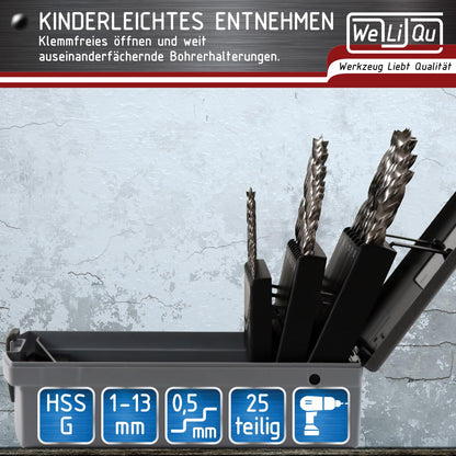 WELIQU 25-tlg. Holzbohrer Set - HSS-G 1-13 mm