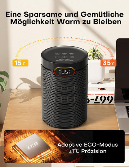 QEXREED Heizlüfter 1500W, PTC, ECO-Modus, Thermostat & Fernbedienung