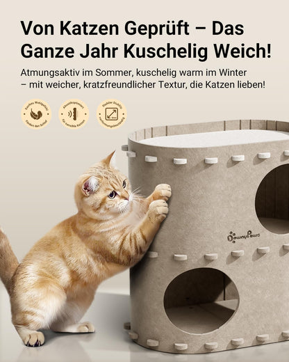 DownyPaws Katzenhöhle aus Filz, 2-stöckiges Katzenhaus, Beige