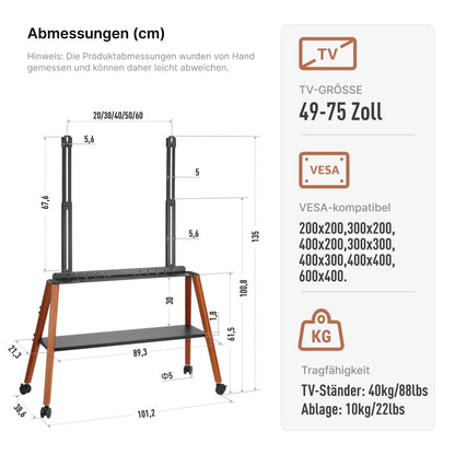 ECOTINY Easel Beweglicher TV Ständer Rollen 49-75 Zoll (bis 40kg)