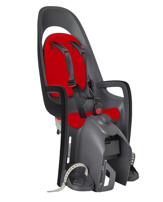 HAMAX Caress Kinderfahrradsitz mit Trägeradapter rot/schwarz. Rot-schwarzer Sitz zur sicheren Gepäckträgermontage.