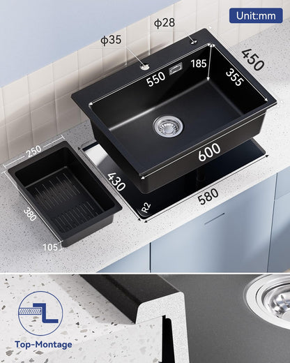 Sofetiy Granit Küchenspüle – Schwarz 60x45cm Einzelbecken