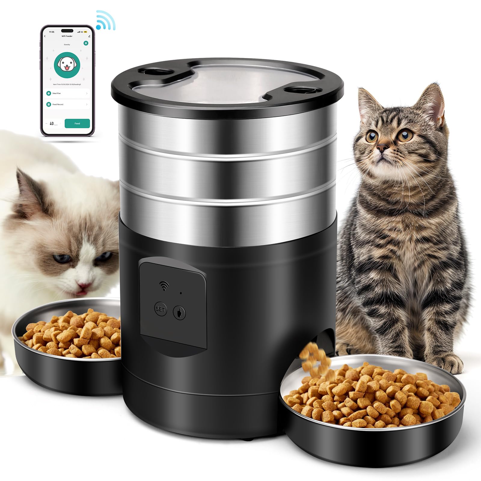 Automatischer Futterautomat Katze 5L – WiFi Edelstahl, 2 Näpfe. Edelstahlgehäuse, zwei Näpfe. Portioniert Trockenfutter präzise via WLAN.