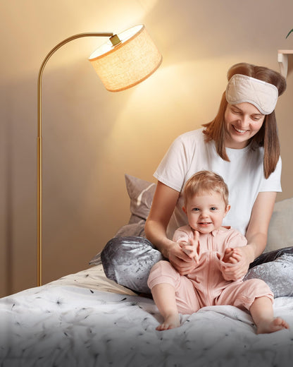 EDISHINE Bogenlampe Gold 161cm - Beiger Leinen-Schirm