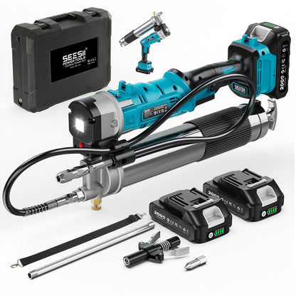Seesii Akku Fettpresse 2-in-1 Set, 12000 PSI, 2 Akkus 2,0 Ah mit flexiblem Schlauch und LED-Leuchte