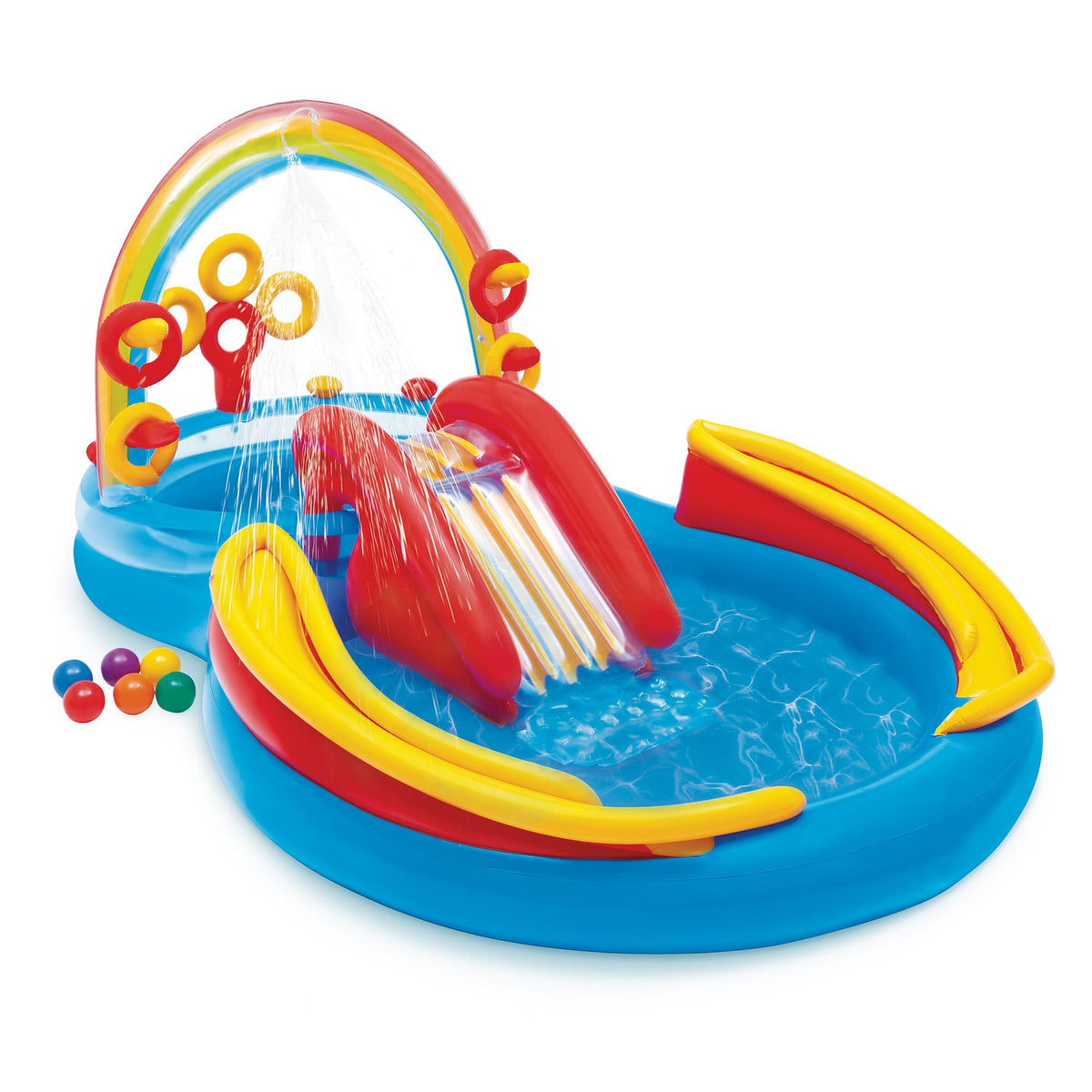 Intex Rainbow Ring Play Center Planschbecken 297 x 193 x 135 cm, mehrfarbig aus Kunststoff, mit Wassersprüher
