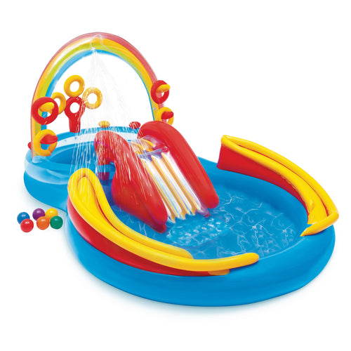Intex Rainbow Ring Play Center Planschbecken 297 x 193 x 135 cm, mehrfarbig aus Kunststoff, mit Wassersprüher