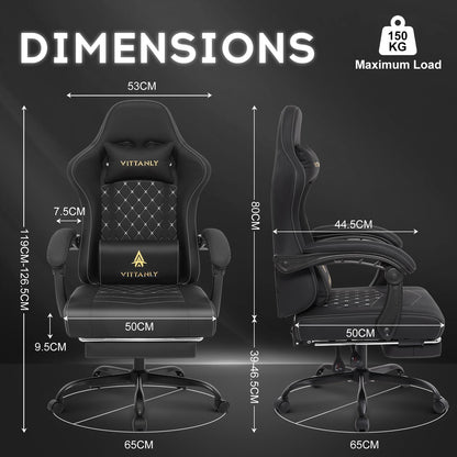 Vittanly Gaming Stuhl mit Taschenfederkissen und Fussstütze, Schwarz