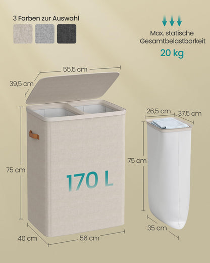 SONGMICS Wäschekorb LCB813L01, 170 L Wäschesortierer mit 2 Fächern