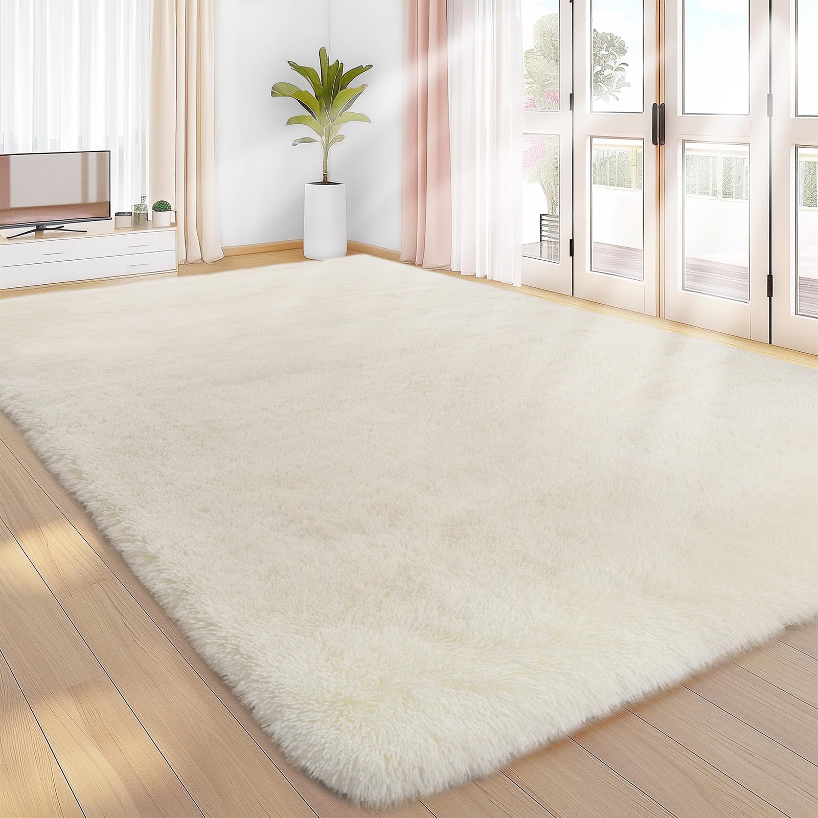 Sour Lemon Hochflor Teppich – Creme Wohnzimmer, 160x230 cm. Cremefarbener Hochflor Teppich für Behaglichkeit im Wohnzimmer.