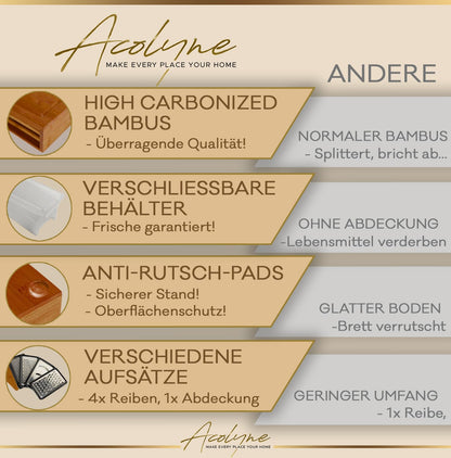 Acolyne XXL Schneidebrett mit 4 Auffangschalen – karbonisierter Bambus