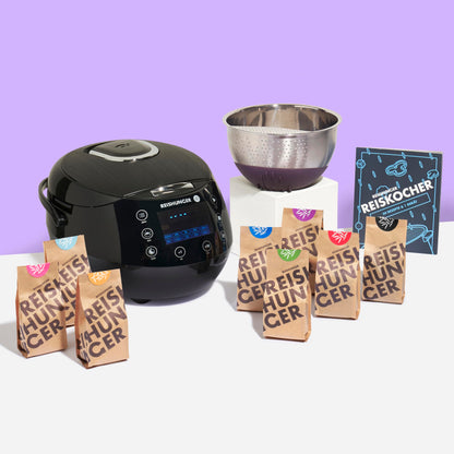 REISHUNGER Starter Set Digital-Reiskocher & Dampfgarer Schwarz mit Reis
