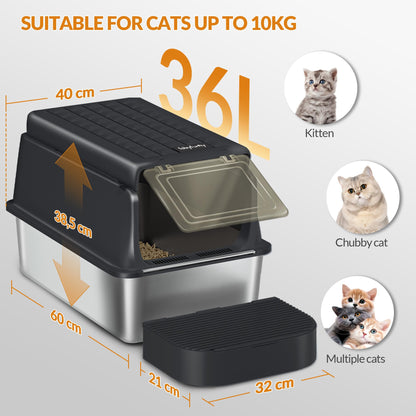 Fobyfurny Edelstahl-Katzenklo XXL mit Deckel, geschlossen, schwarz