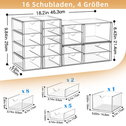 StowBin Schubladen-Organizer 4er-Set, 16 Schubladen, transparent