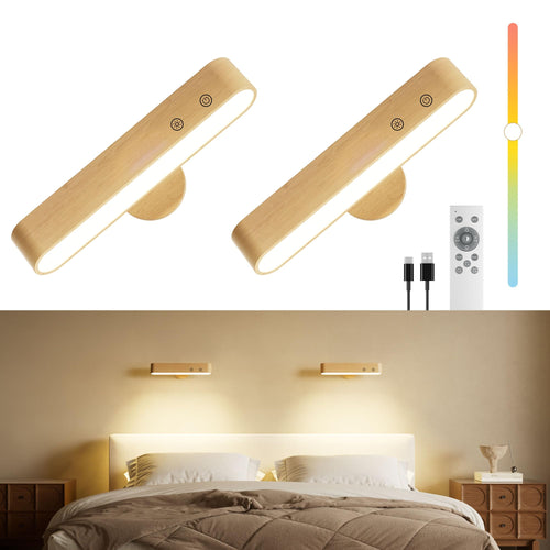 FULNIX Akku-Wandleuchte Holz, 7500 mAh, RGB, dimmbar, Fernbedienung – Massivholz-Gehäuse, 360° drehbare Magnethalterung